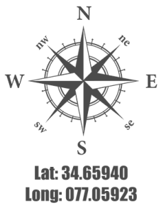 A Compass Rose with the holiday travel park resort coordinates on it.