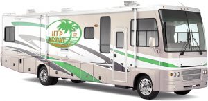 A holiday travel park resort RV with an htp decal on the side.
